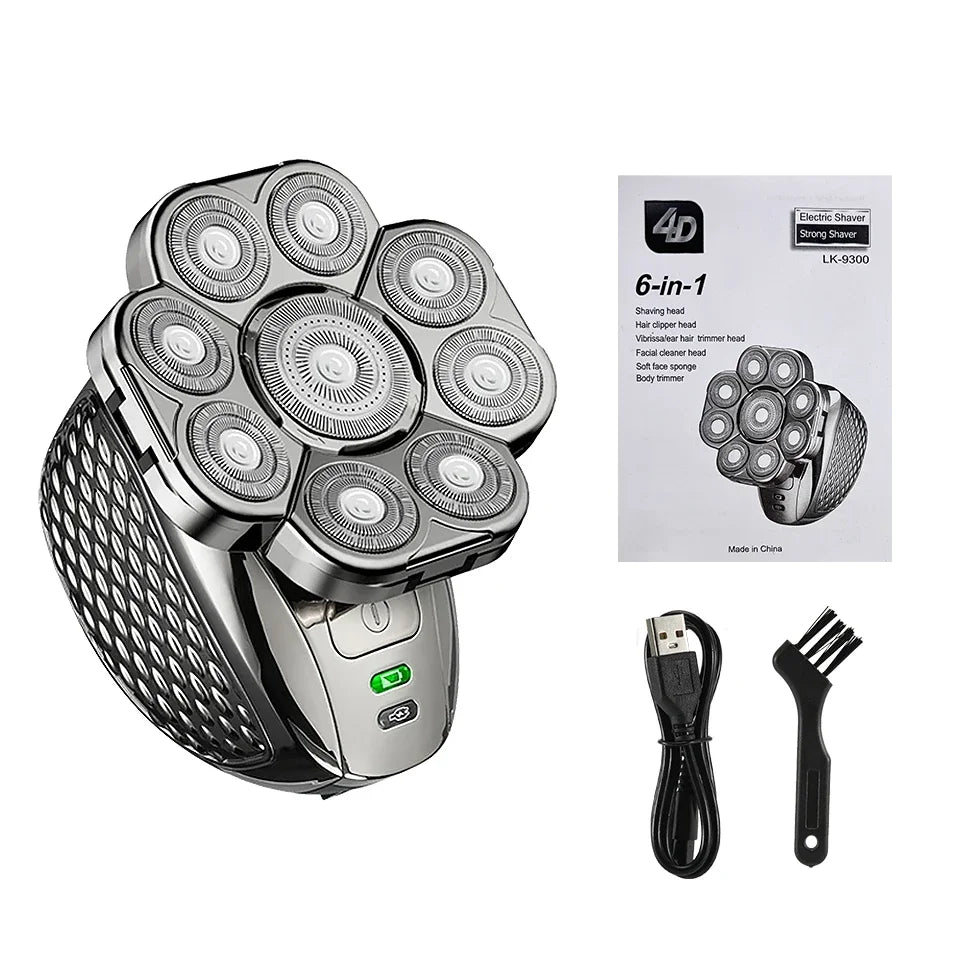 Men's 6-in-1 electric shaver with 9D floating heads, waterproof for wet/dry use, includes grooming kit