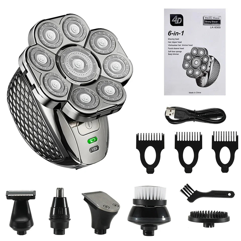 Waterproof electric shaver for men, MultiTrim grooming kit with beard, nose, and body trimmer attachments