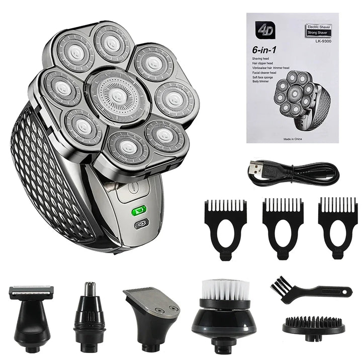 Waterproof electric shaver for men, MultiTrim grooming kit with beard, nose, and body trimmer attachments