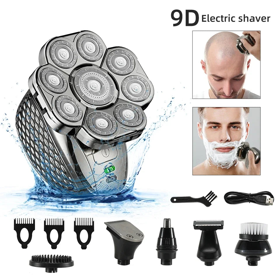 Rechargeable men's electric shaver and grooming kit, 9D floating heads for a close, comfortable shave