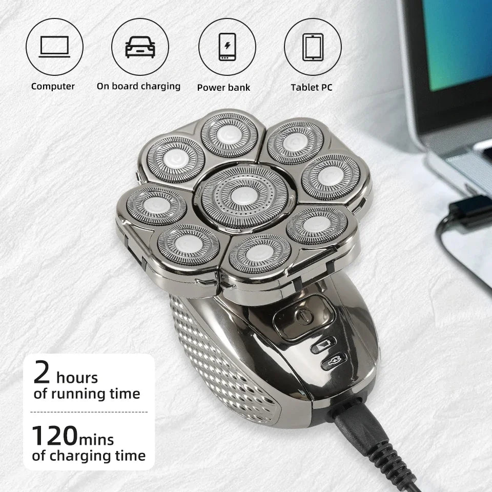 Close-up of MultiTrim electric shaver head, showing 9D floating cutters for precision grooming