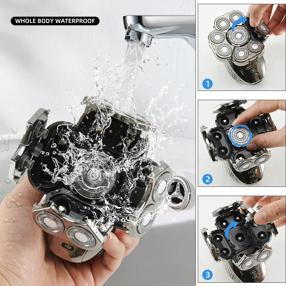 Versatile 6-in-1 electric shaver for men, includes attachments for beard, nose, body, and facial cleansing