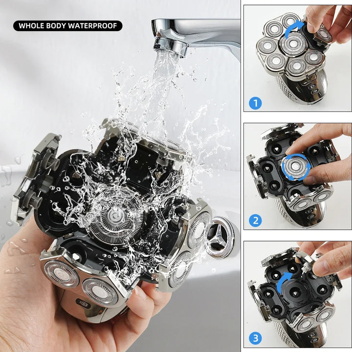 Versatile 6-in-1 electric shaver for men, includes attachments for beard, nose, body, and facial cleansing