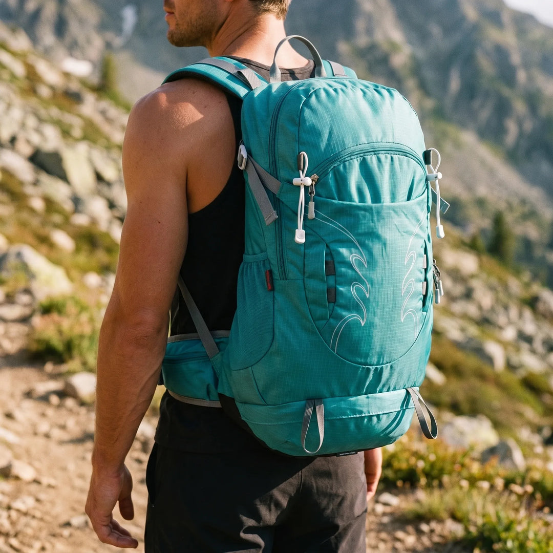 Men's 7.9 Gallon Ventilated Hiking Backpack for outdoor trail adventures & camping trips.