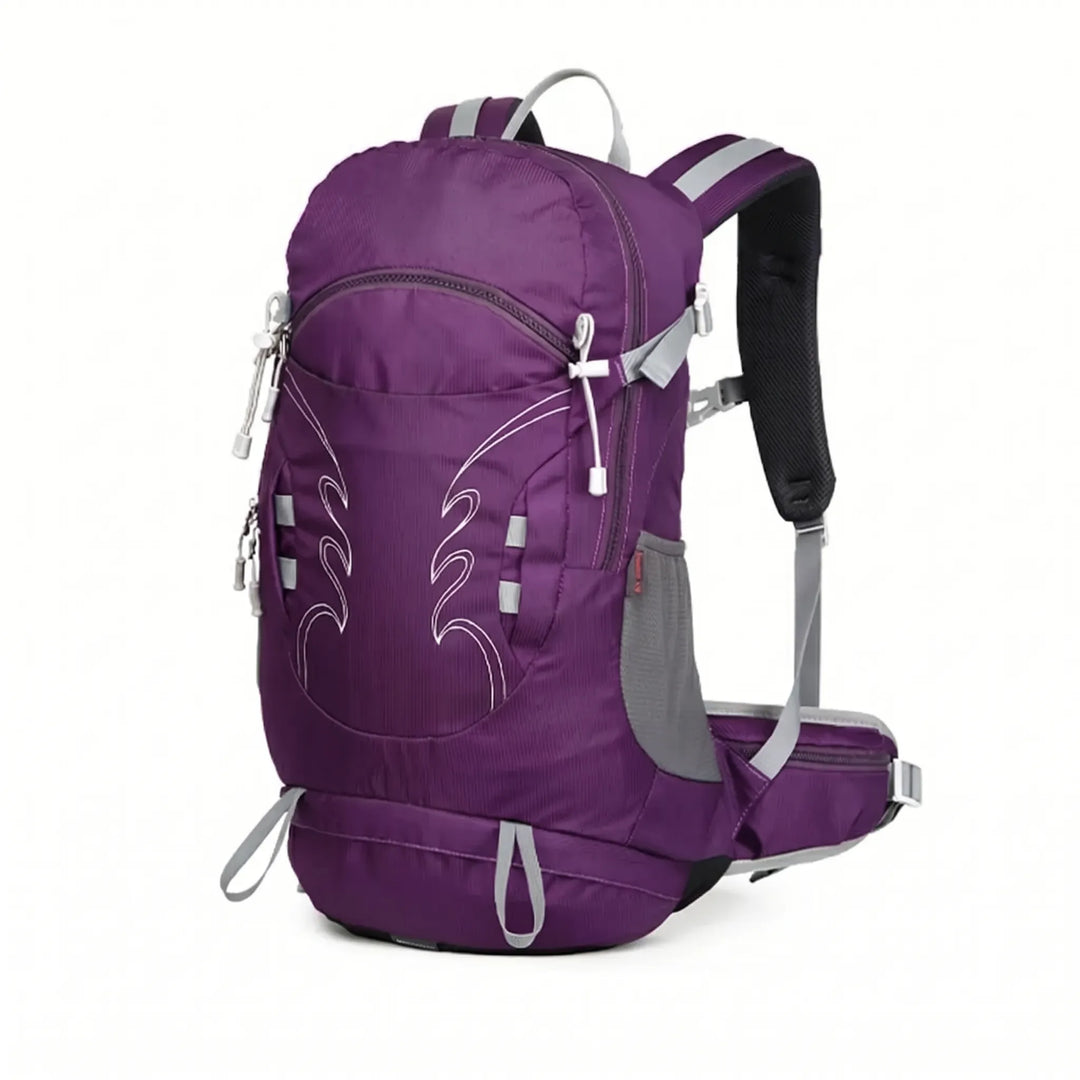 Hiker with a men's 7.9 Gallon ventilated hiking backpack navigating an outdoor trail.