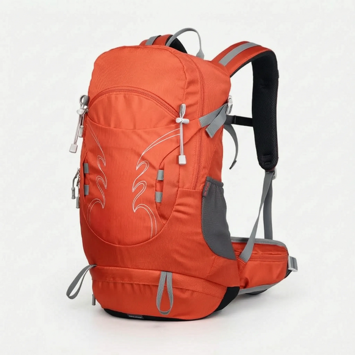 Close-up: Men's 7.9 Gallon ventilated hiking backpack features like gear loops & adjustable straps.