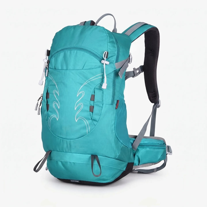 Ventilated back system on men's 7.9 Gallon hiking backpack, ideal for long treks & summer camping.