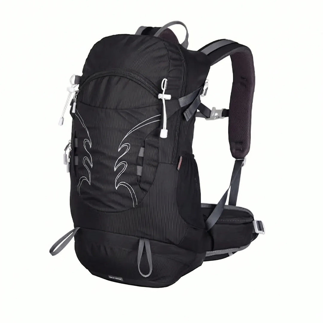 Side view of 7.9 Gallon men's hiking backpack with water bottle pockets, ideal for trail & travel.