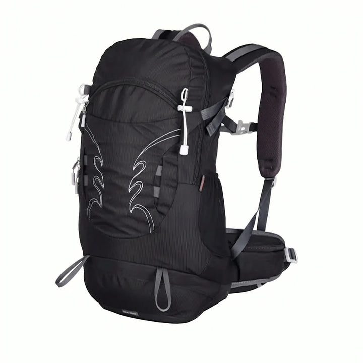 Side view of 7.9 Gallon men's hiking backpack with water bottle pockets, ideal for trail & travel.