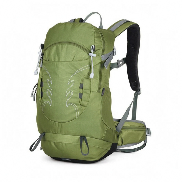 Back view of men's 7.9 Gallon ventilated hiking backpack, highlighting padded straps & airflow.