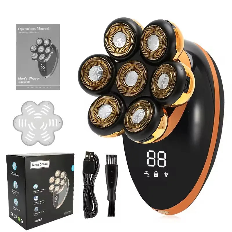 Men's 7D floating electric shaver with 5-in-1 grooming kit, black and silver, on a white background