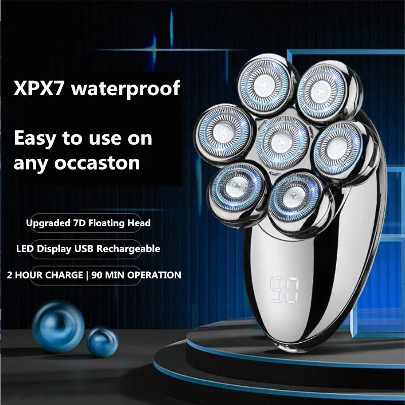Close-up of a waterproof 7D floating electric shaver head for bald heads, showing flex-edge design
