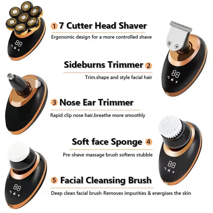 Man using a waterproof 7D floating electric shaver for a smooth bald head shave in the shower