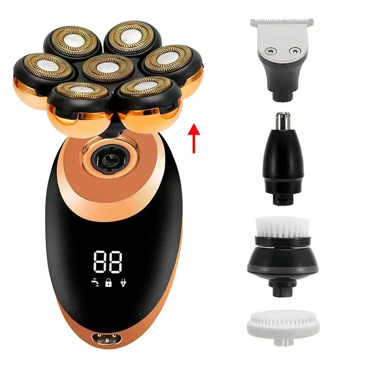 Detailed view of the 5-in-1 grooming kit attachments, including hair clipper and cleaning brush