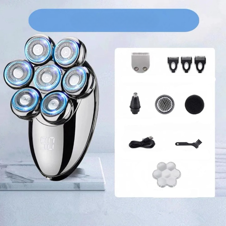 Rechargeable electric shaver with LED display, showing battery level and cleaning reminder