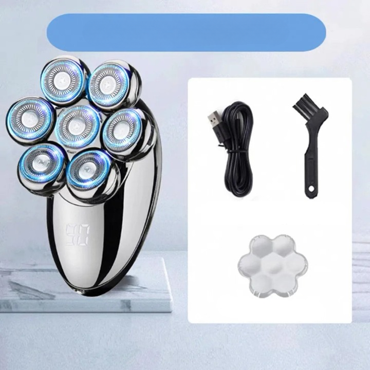 Lifestyle image of a modern man holding a black 7D floating electric shaver, ready for grooming
