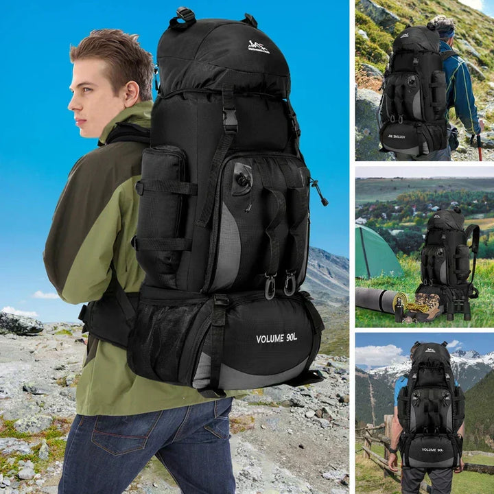 Men's 90L multi-compartment hiking backpack, large capacity for outdoor adventure, camping & travel.