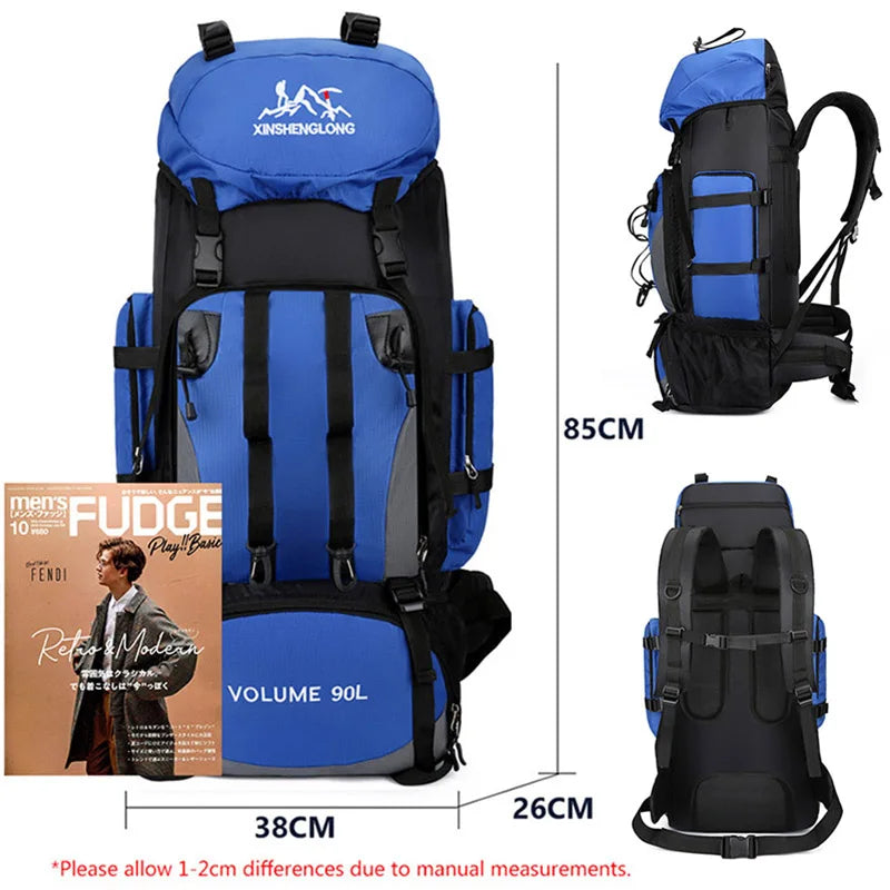 Water repellent men's 90L hiking backpack with multiple compartments, ideal for camping gear & expeditions.
