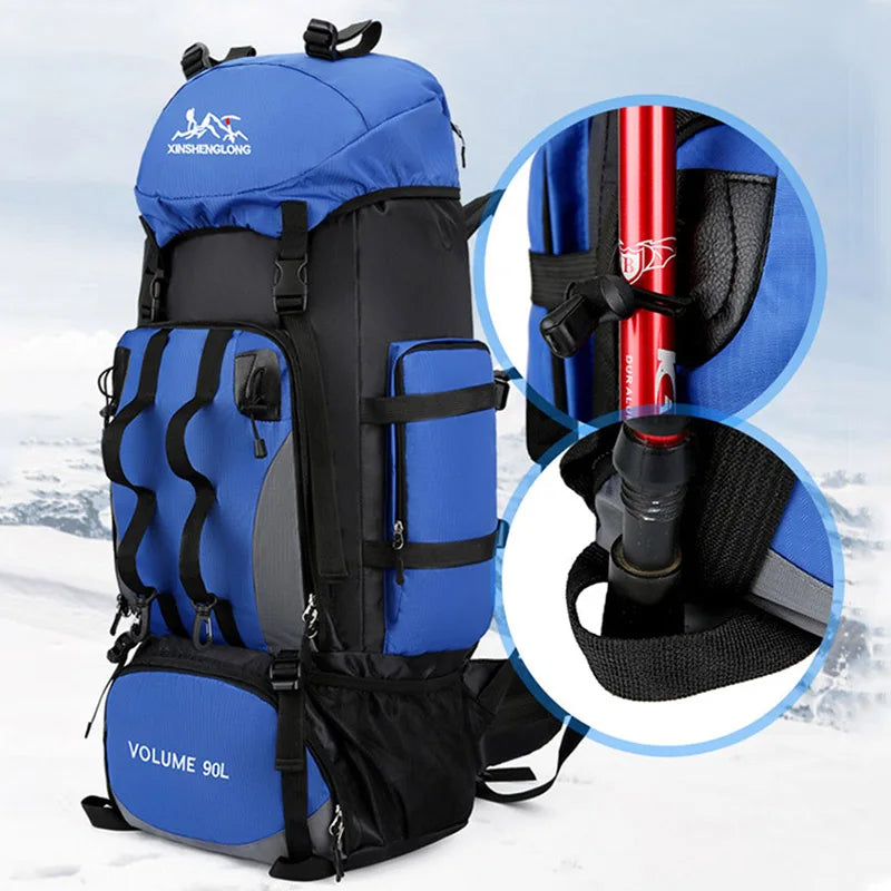 Rugged men's 90L hiking backpack, perfect for long outdoor adventures, camping, and extended travel.