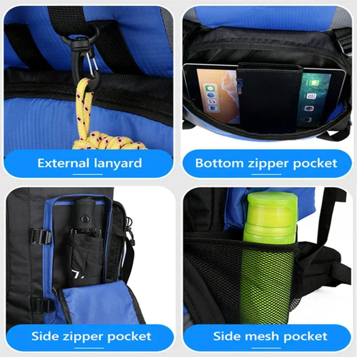 Ergonomic men's 90L multi-compartment hiking backpack, designed for comfort on long treks & expeditions.