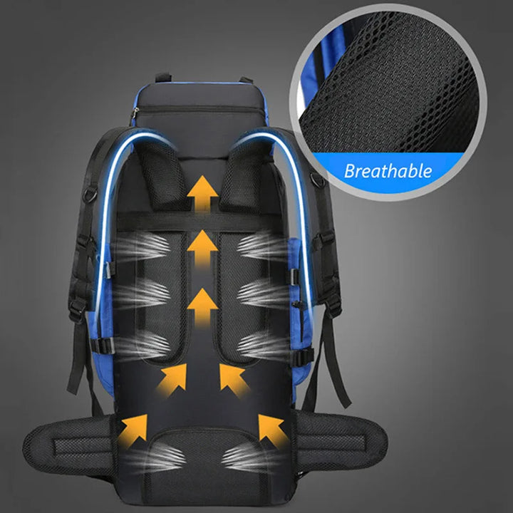 Versatile men's 90L travel pack & multi-compartment hiking backpack for organized outdoor adventure.