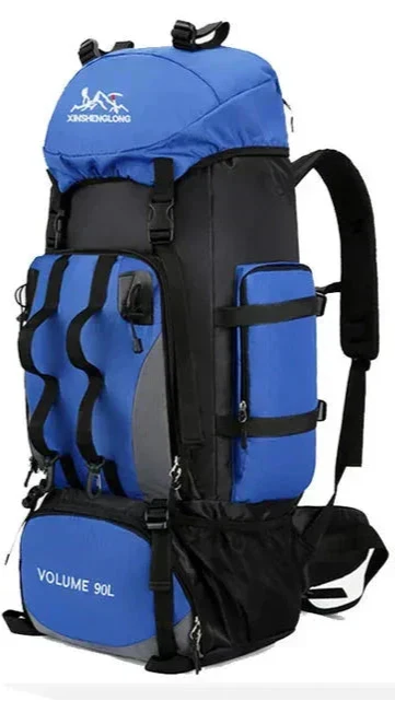 Expedition-ready men's 90L multi-compartment hiking backpack, water repellent, large capacity for camping.