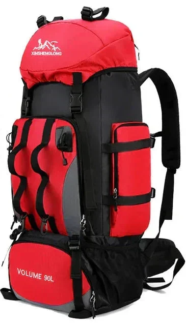 New men's 90L water repellent hiking backpack. Multi-compartment travel pack for outdoor adventure.
