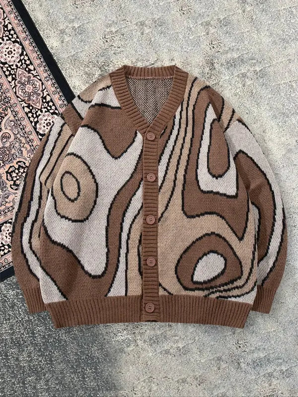 Men's abstract pattern button-front cardigan in a unique long-sleeve style for casual or smart casual wear.