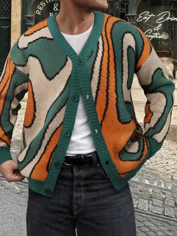 Man wearing a casual men's abstract pattern button-front cardigan, suitable for everyday unique style.