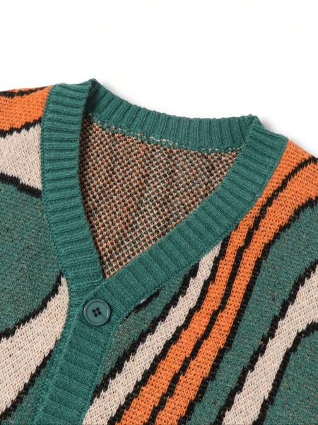 Textured knit men's abstract pattern cardigan with button-front, offering comfort and a unique smart casual look.