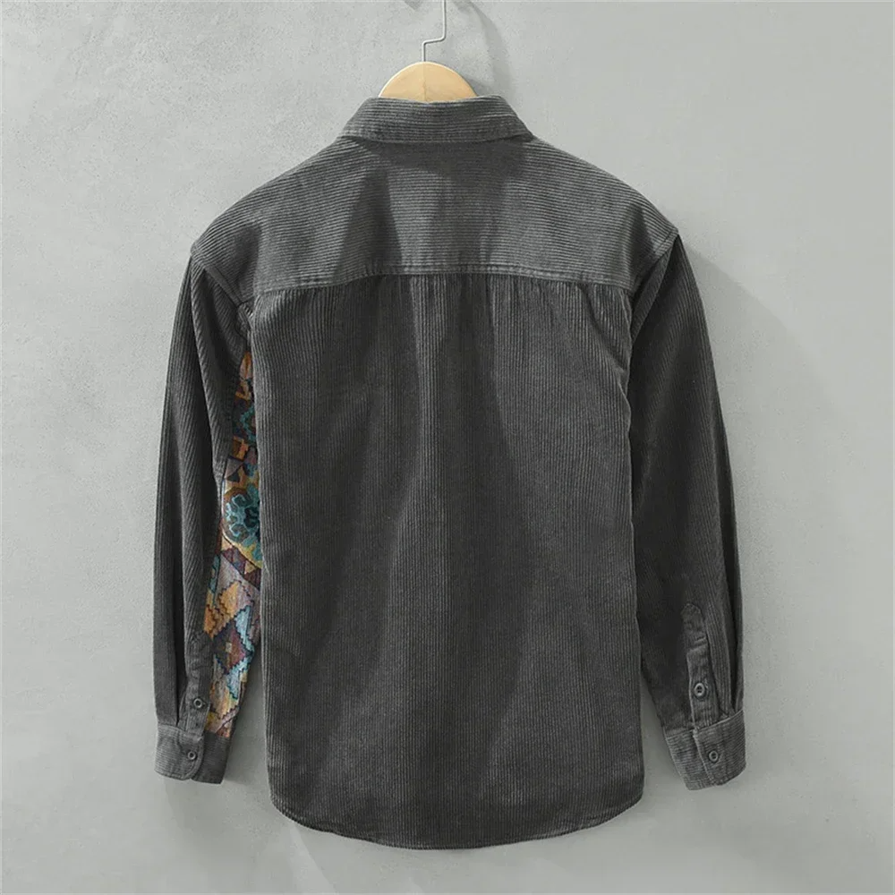 Vintage style men's casual button-up shirt featuring a unique abstract patchwork print and long sleeves.