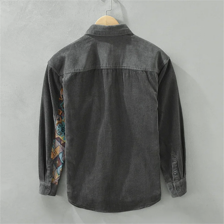 Vintage style men's casual button-up shirt featuring a unique abstract patchwork print and long sleeves.