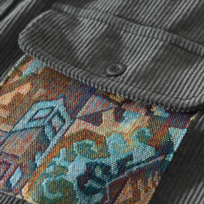 Stylish men's long-sleeve casual button-up shirt with an artistic abstract print, perfect for everyday wear.