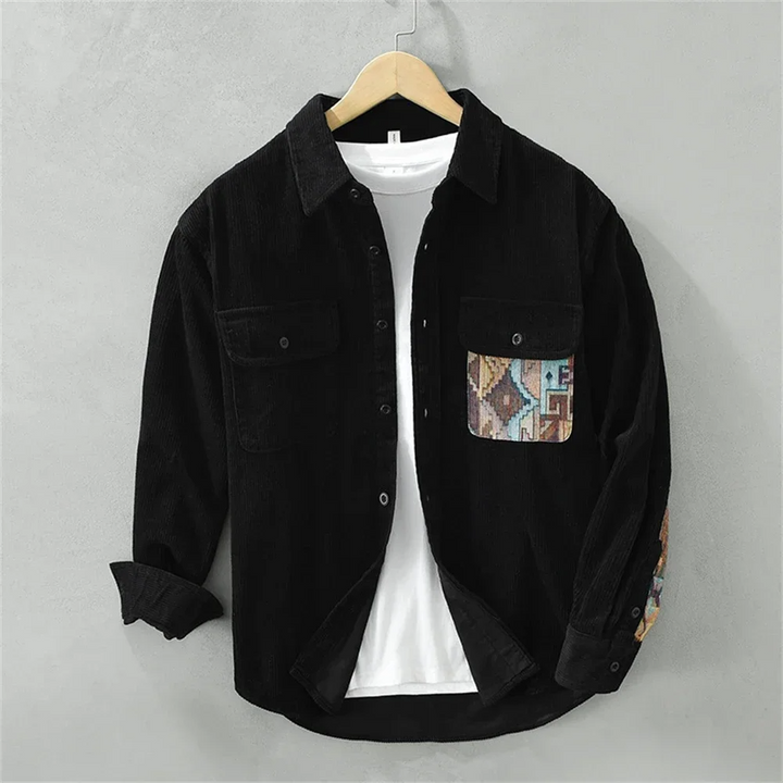Bold abstract patchwork print men's casual shirt, long sleeve and relaxed fit for comfort and style.