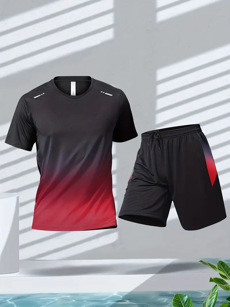 Dynamic men's workout set: performance t-shirt & shorts. Ideal for training, running, or gym. Moisture-wicking.
