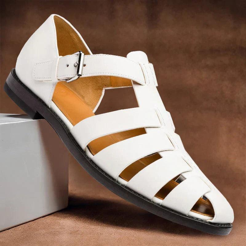 View of men's comfort footwear. Durable, breathable adjustable sandals provide ergonomic support for walks.