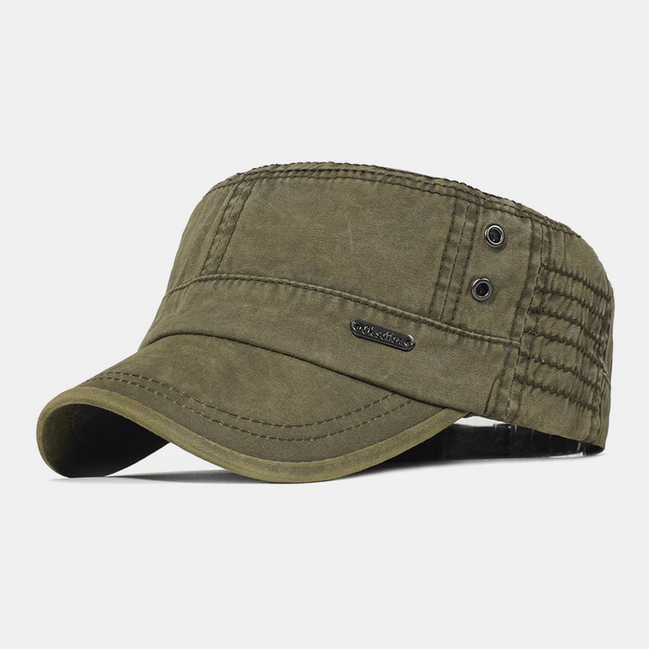Olive green military style flat top cap for men, adjustable & durable for outdoor adventures.