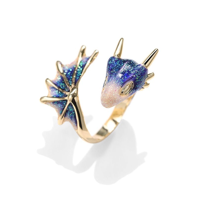 Men's adjustable silver dragon ring with intricate hand-painted enamel details, a mystical fantasy statement piece.