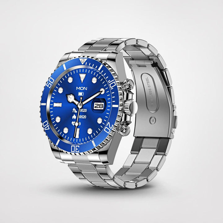 Digital display of a men's smartwatch showing heart rate & steps, essential for health tracking.
