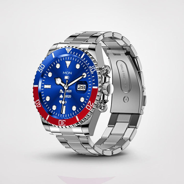 Customizable digital watch faces on a men's smartwatch, combining style with fitness tracking.