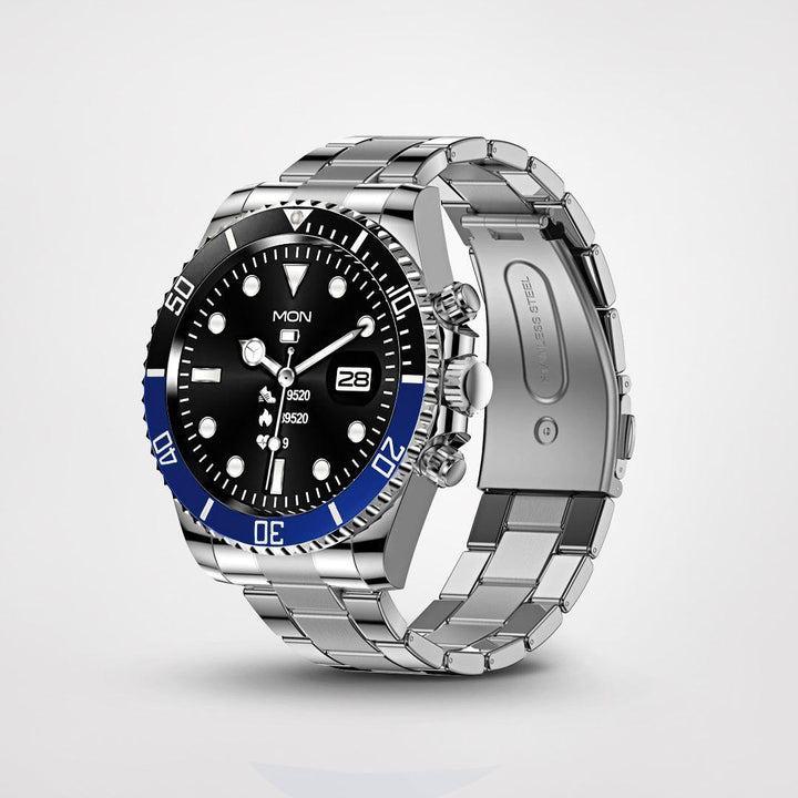 Premium packaging for a men's advanced fitness smartwatch, a gift of wearable tech and health monitoring.