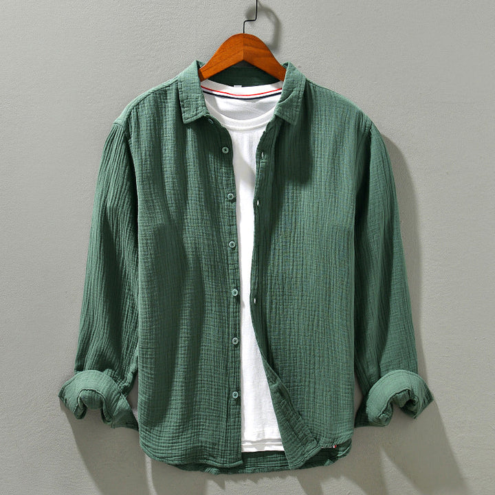 Lightweight men's Aegean crinkle texture shirt, breathable and comfortable for summer resort wear.