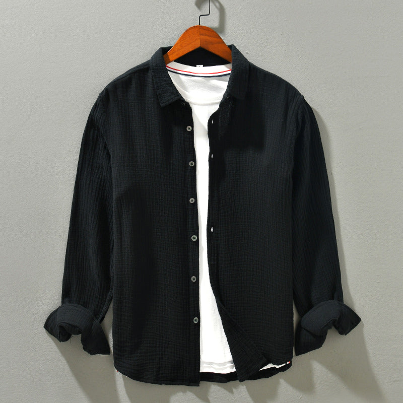 Breathable men's Aegean crinkle shirt, lightweight & comfortable for warm weather, perfect long sleeve summer top.