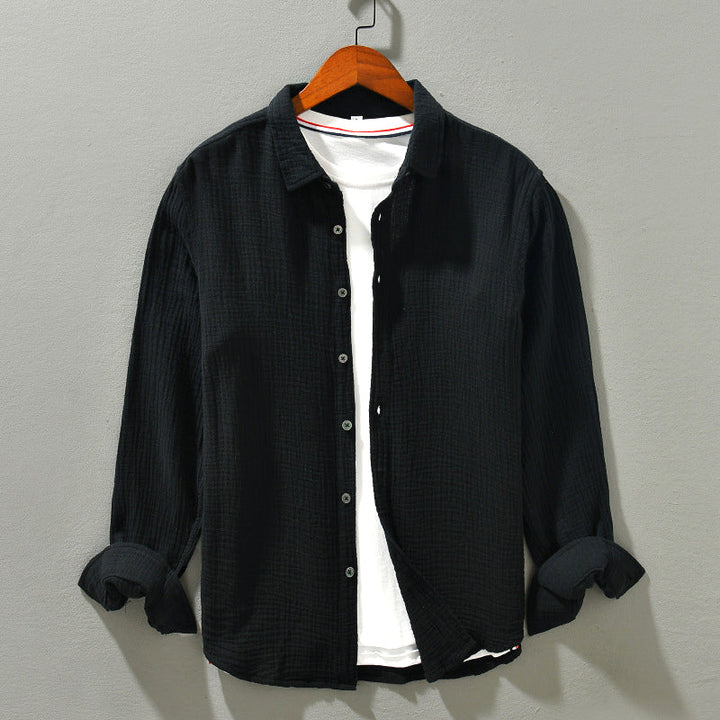 Breathable men's Aegean crinkle shirt, lightweight & comfortable for warm weather, perfect long sleeve summer top.