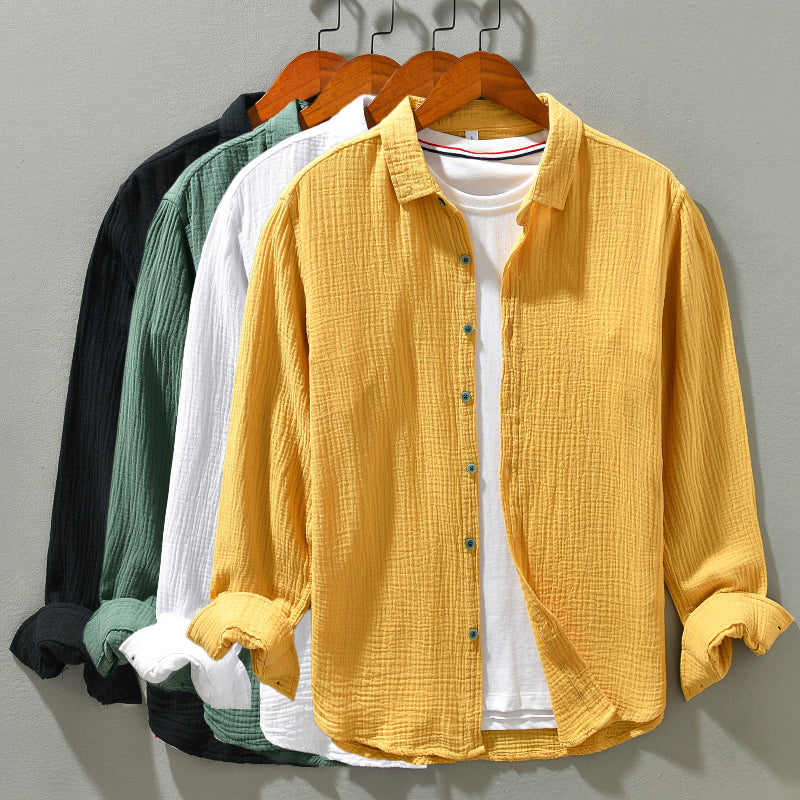 Stylish men's long sleeve crinkle texture shirt, lightweight & breathable, great for summer fashion & everyday style.