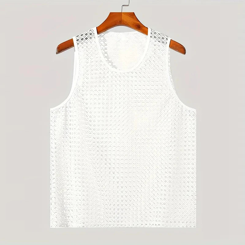 Stylish men's lightweight Aero-Mesh tank top; breathable knit for summer, beachwear, and casual comfort.