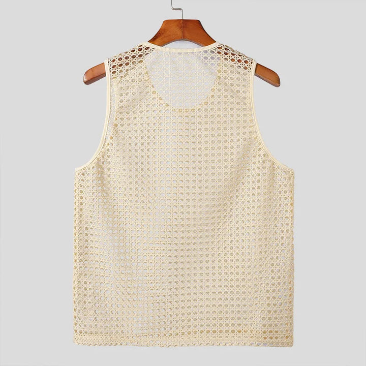 Sleek black men's mesh knit tank top, lightweight and breathable, a modern fit for summer and beach.