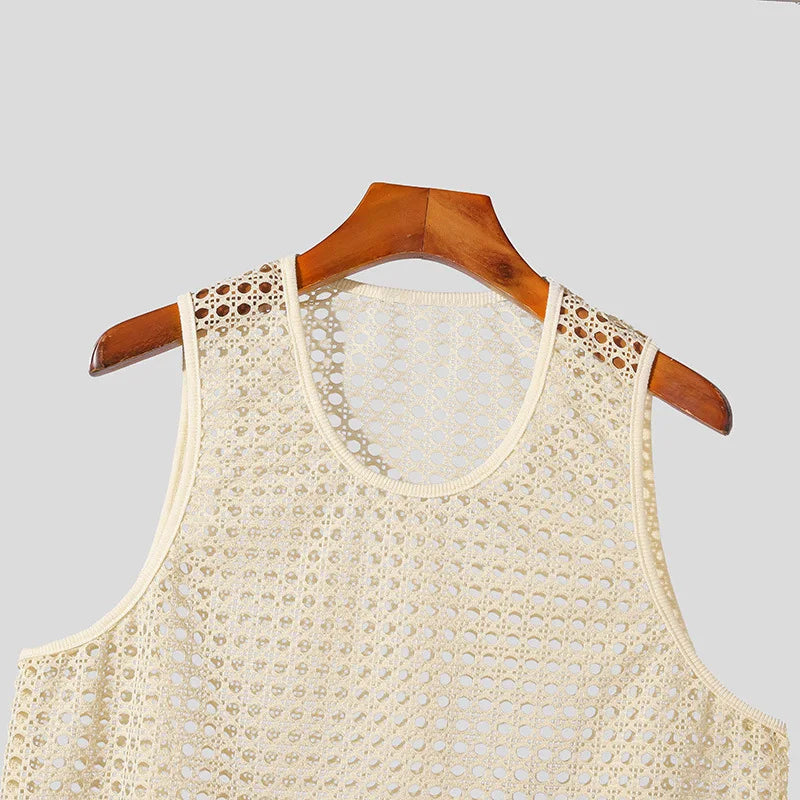 Men's breathable mesh knit tank top, designed for lightweight comfort during summer activities and travel.