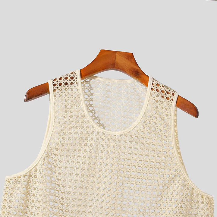 Men's breathable mesh knit tank top, designed for lightweight comfort during summer activities and travel.