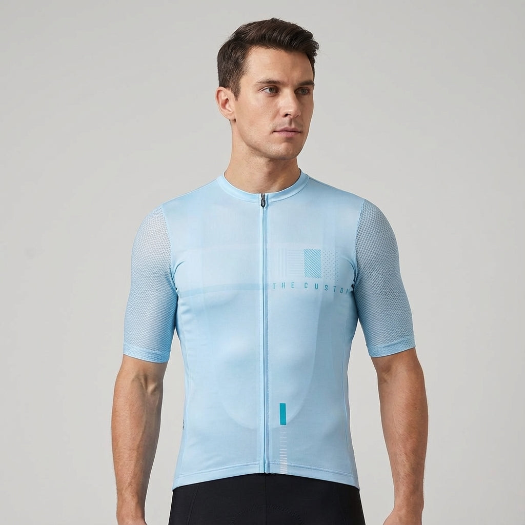 Close up of mesh fabric on Men's Aero Short Sleeve Cycling Jersey, Leslie, quick dry material
